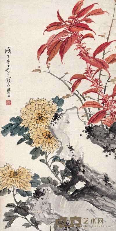 江寒汀 1948年作 秋菊凤仙 立轴 65.5×33cm